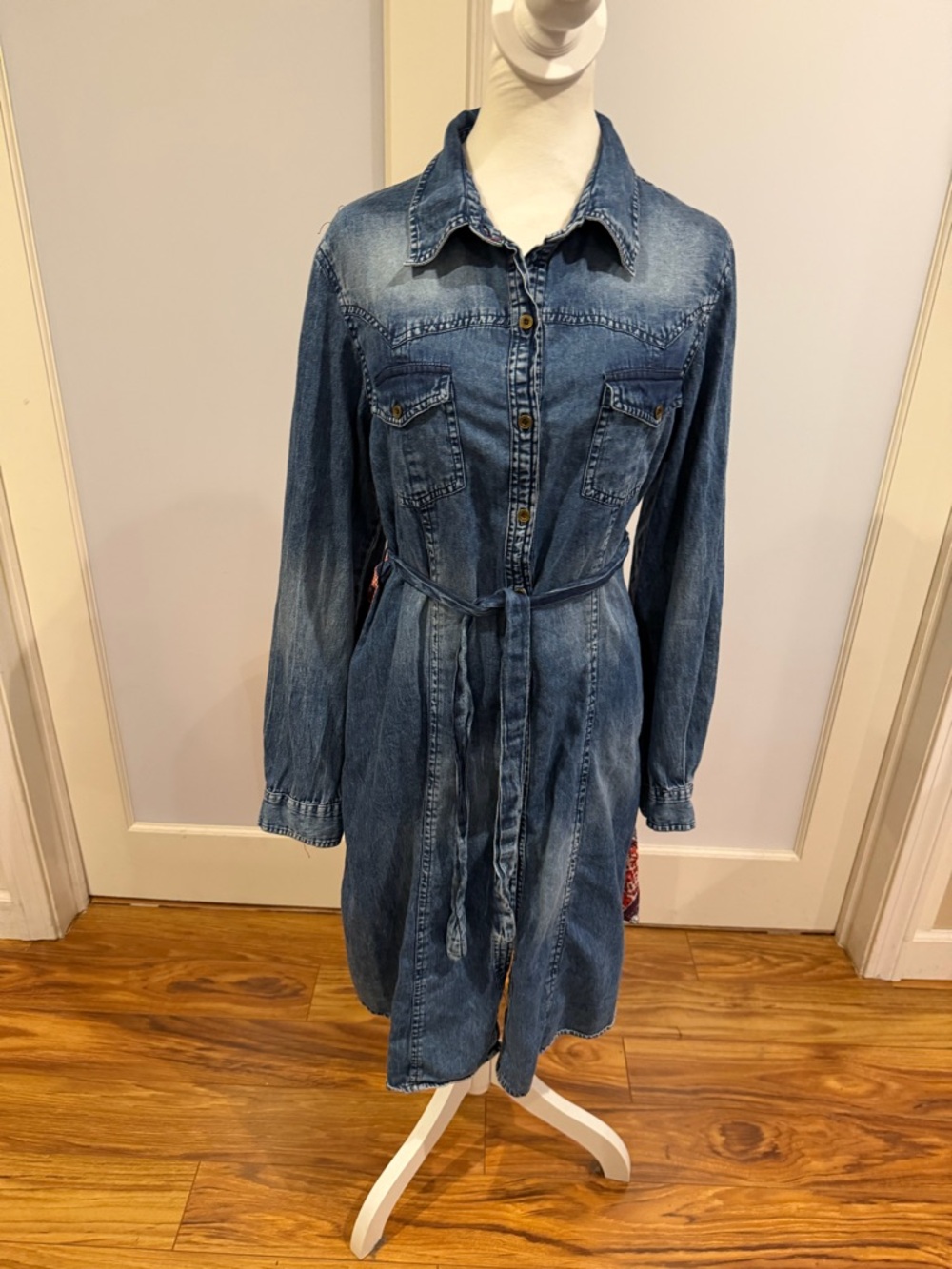 Emma G Denim Shirt Midi Dress with Self-Tie Belt - Blue